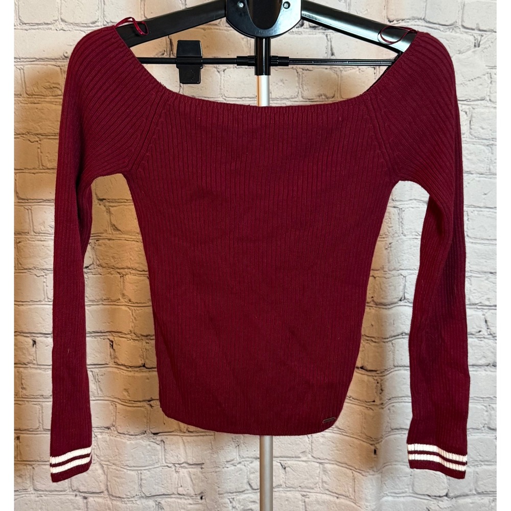 Hollister Burgundy Off The Shoulder Ribbed Knit Top White Varsity Stripe Medium